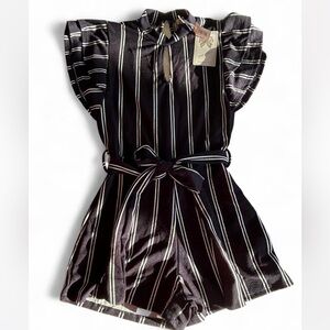 Top Model striped romper with high neckline, keyhole cutout, & self-tie belt